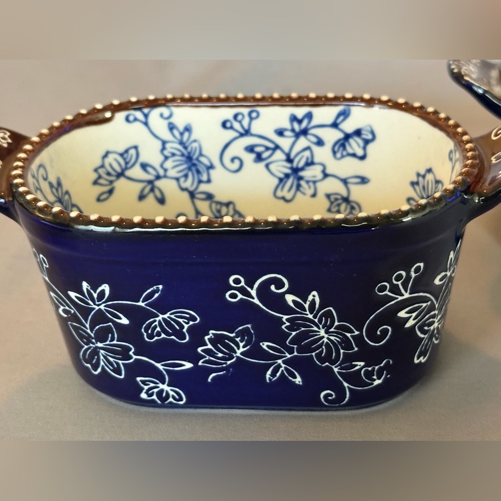 Temptations 10oz Baking Dish - Set of 2 - Floral Lace - Cobalt Blue White Brown - Picture 8 of 10